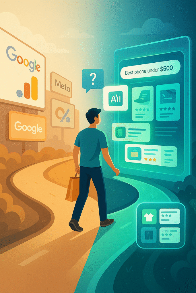 Digital illustration of a shopper choosing between traditional ads and an AI assistant path