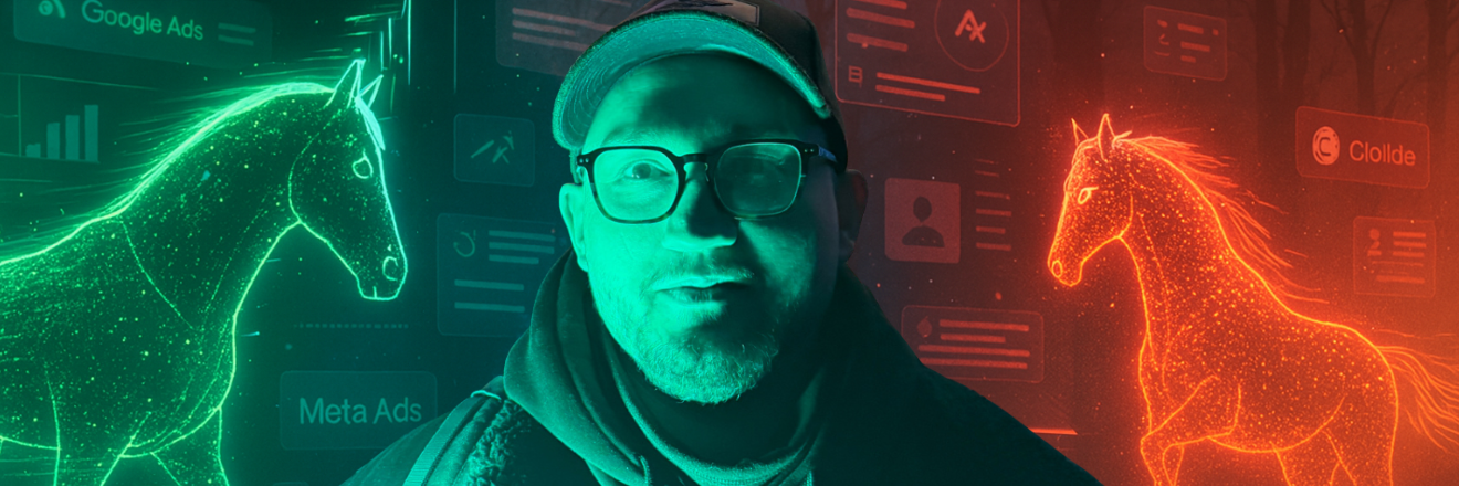 Header image showing a real digital strategist in green nighttime lighting, framed by two stylized horses representing ad-based marketing and AI tools, with floating dashboards and Zen Spotlight branding